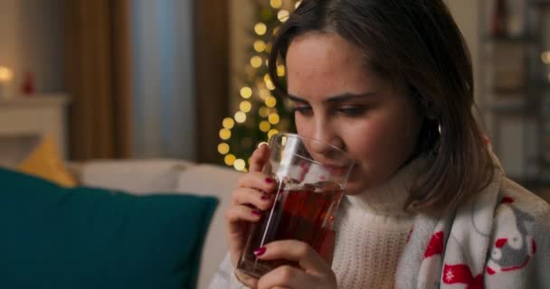 女性の手は夕方にホットティーのマグカップを保持します 若い女の子は 明るいクリスマスツリーの雰囲気の中で毛布の下のソファの上で好きな飲み物でリラックスします 冬の天候 — ストック動画