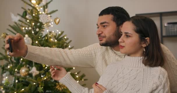Hermano Toma Selfie Con Hermana Reunión Navidad Casa Familia Los — Vídeo de stock