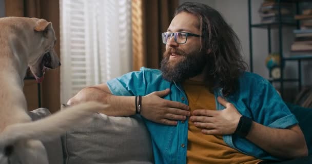 Homme Souriant Heureux Joue Avec Chien Mignon Couleur Crème Appelle — Video