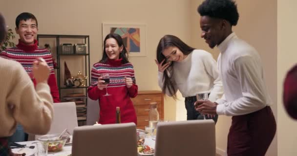Students Celebrate Beginning Winter Vacation Friends Holding Glasses Wine Talking — Stock Video