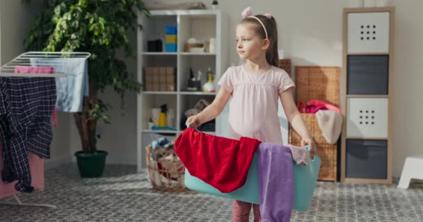 Beautiful Six Year Old Girl Standing Middle Bathroom Holding Bowl — Stock Video