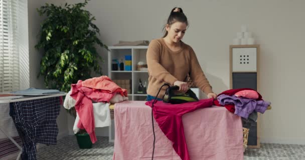 가운데에 다림질하는 판자가 스웨터 아름다운 이미소를 다림질을 다리미를 스웨터를 — 비디오