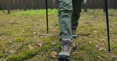 Yürüyüş botlarıyla çimenlerin yanından sırıklarla geçen kadın bacaklarına yakın çekim. Açık hava dağ orman konsepti .