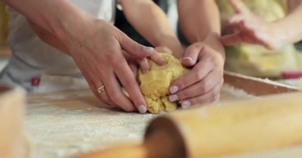 Selective Focus Close Shot Wooden Table Homemade Dough Older Sister — Stock Video