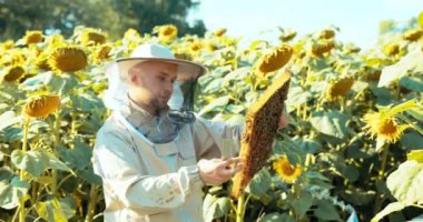 Arı koruyucu kıyafetli, koruyucu kıyafetli, yüzünde cibinlik olan ve bal peteği görünümlü arılardan bal toplarken kovanları yöneten biri..