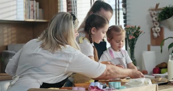 Modern Mutfakta Birlikte Yemek Pişiren Büyükannesi Kızları Olan Mutlu Bir — Stok video