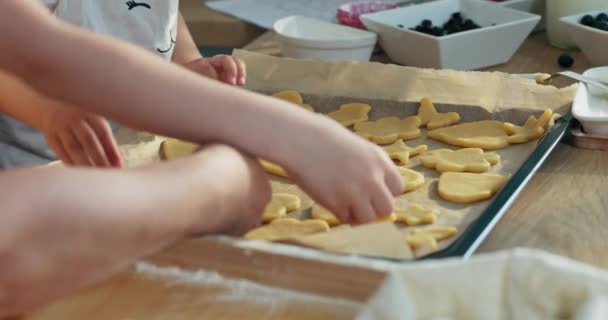 Close Tiro Crianças Mãos Colocando Biscoitos Biscoitos Caseiros Assadeira Para — Vídeo de Stock