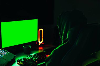 Hacker devlet sunucularındaki finansal verileri gözetlemek için bilgisayar kullanıyor. Siber saldırı kavramı.