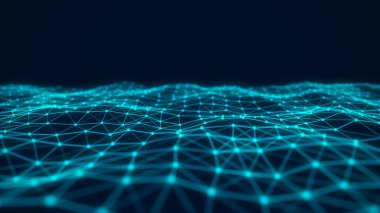 Dijital teknoloji dalgası. Mavi noktalı ve çizgili karanlık siber uzay. Fütürist dijital arka plan. Büyük veri analizleri. 3d oluşturma.