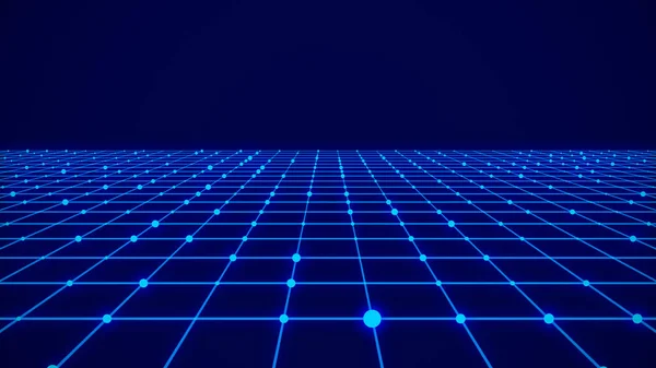 テクノロジーの視点グリッドの背景 デジタル空間のワイヤーフレームの風景 黒い背景の青いメッシュ 3Dレンダリング — ストック写真
