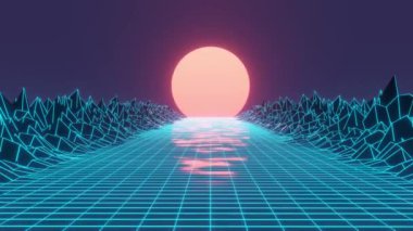 Dağ manzaralı ve parlak kırmızı güneş arkaplanlı teknoloji perspektifi. Dijital uzay kablosu manzarası. Siyah arka planda mavi ağ. 3d oluşturma.