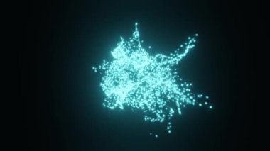 Hareket eden parçacıklar küresi ile ağ bağlantı yapı siber uzayı. Fütürist dijital mavi akış parçacıkları. Animasyon topu soyut siber güvenliği. Ateş kıvılcımları. 3d oluşturma.