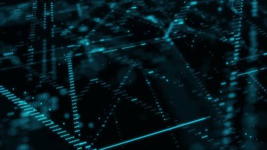Dijital veritabanı siber uzayı. Şifre çözücü algoritmalar hacklendi. Hareket eden mavi parçacıkları olan siber güvenlik. Büyük veri görselleştirmesi. 3d oluşturma.