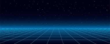 Teknoloji arka plan perspektif retro ızgarası. 80 'lerin gelecekçi siber yüzeyi, 90' ların stili. Renkli bir arkaplanda vektör mavi örgü. Dijital uzay kablo çerçevesi.