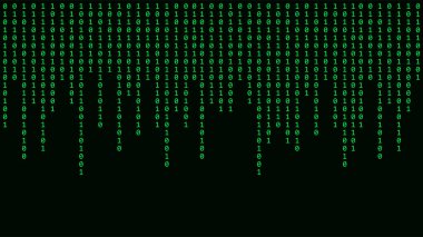 Matris teknolojisi geçmişi. İkili kodlu siber güvenlik. Rastgele yeşil sayılar hızla düşüyor. Şifre çözücü algoritmalar hacklendi. Büyük veri görselleştirmesi.