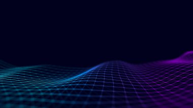 Dijital teknoloji dalgası. Renkli hareket noktaları ve çizgileri olan karanlık siber uzay. Fütürist dijital arka plan. Büyük veri analizleri. 3d oluşturma.