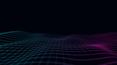 Dijital teknoloji dalgası. Renkli hareket noktaları ve çizgileri olan karanlık siber uzay. Fütürist dijital arka plan. Büyük veri analizleri. 3d oluşturma.