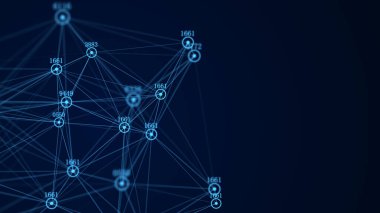 İş için fütüristik fon. Hareketli parçacıklar ve sayılarla ağ bağlantısı siber uzayı. Büyük veri görselleştirmesi. Veritabanındaki siber güvenlik geçmişini özetle. 3B görüntüleme.