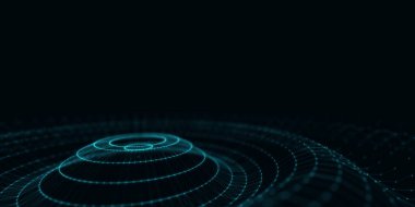 Noktalı ve çizgili soyut müzik dalgası. Hareketli parçacıkları olan karanlık siber uzay. Dijital veritabanlı gelecekteki daire dalgası. Büyük veri analizleri. 3d oluşturma.