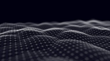Dijital teknoloji dalgası. Siyah hareket noktaları ve çizgileri olan karanlık siber uzay. Fütürist dijital arka plan. Büyük veri analizleri. 3d oluşturma.