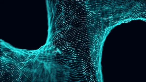 数字技术浪潮 有蓝色运动点的黑暗网络空间 未来数字背景 摘要音乐背景 具有粒子流的大数据可视化 3D渲染 — 图库照片