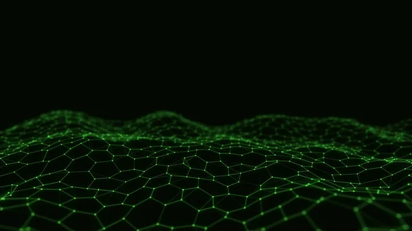 Digital technology hexagon wave. Dark cyberspace with green motion dots and lines. Futuristic digital background. Big data analytics. 3d rendering.