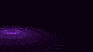 Noktalı ve çizgili soyut müzik dalgası. Hareketli parçacıkları olan karanlık siber uzay. Dijital veritabanlı vektör fütüristik daire dalgası. Büyük veri analizleri.