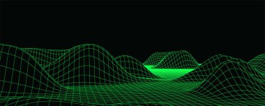 Dağ manzaralı teknoloji perspektif şebekesi. Vektör dijital uzay kablo çerçevesi. Siyah arkaplanda yeşil ağ