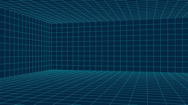 Vazio Futurista Wireframe Quarto Azul Rede Perspectiva Vetorial Fundo Ciberespaço — Vetor de Stock