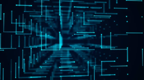 Block chain network connection data. Dark cyberspace with blue motion dots and lines. Cyber security background. Futuristic digital background. Big data visualization. 3D rendering.