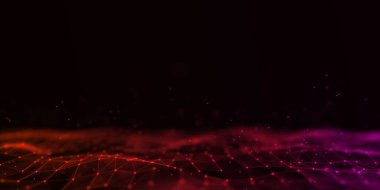 Dijital teknoloji dalgası. Kırmızı noktalı ve çizgili karanlık siber uzay. Fütürist dijital arka plan. Büyük veri analizleri. 3d oluşturma.