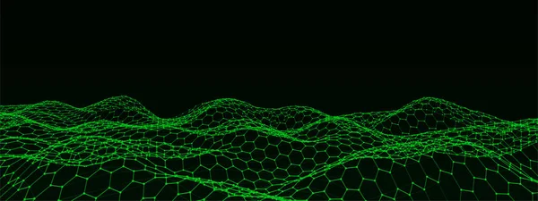 Digital technology hexagon wave. Dark cyberspace with green motion dots and lines. Futuristic digital background. Big data analytics. 3D rendering.