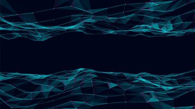 Dijital teknoloji çift dalga. Mavi noktalı ve çizgili karanlık siber uzay. Vektör fütüristik dijital arka plan. Büyük veri analizleri.