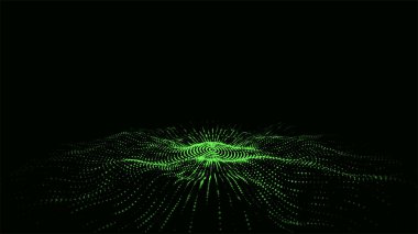 Noktalı soyut müzik dalgası. Hareketli parçacıkları olan karanlık siber uzay. Dijital veritabanlı vektör fütüristik daire dalgası. Büyük veri analizleri.