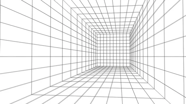 Lege Futuristische Wireframe Witte Kamer Vector Perspectief Raster Cyberspace Achtergrond — Stockvector