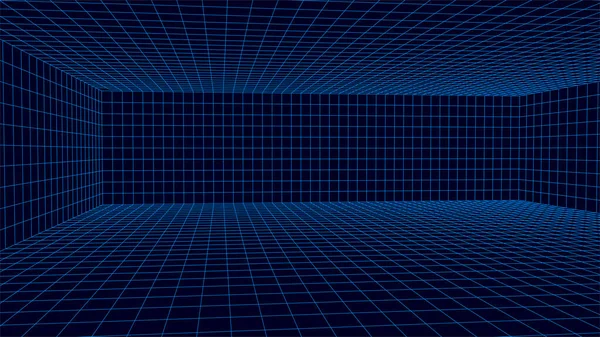 Salle Vide Futuriste Wireframe Bleu Grille Perspective Vectorielle Cyberespace Fond — Image vectorielle