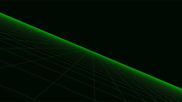 テクノロジーの視点グリッドの背景 デジタル空間のワイヤーフレームの風景 黒の背景にベクトル緑のメッシュ — ストックベクタ