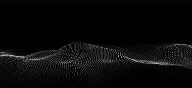 Dijital teknoloji siyah dalga. Hareket noktalı karanlık siber uzay. Fütürist dijital arka plan yapay zeka. Büyük veri analizleri.