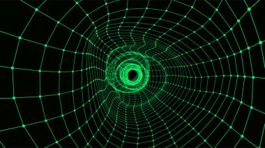 Soyut bilim kurgu yeşil tüneli. Solucan deliği siber uzayı emer. Üç boyutlu portal. Vektör utüristik fantezi yüksek teknoloji hunisi.