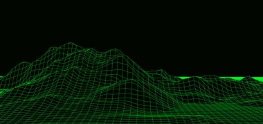 Dağ manzaralı teknoloji perspektif şebekesi. Vektör dijital uzay kablo çerçevesi. Siyah arkaplanda yeşil ağ