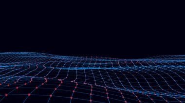 Vektör dijital teknoloji dalgası. Renkli hareket noktaları ve çizgileri olan karanlık siber uzay. Fütürist dijital arka plan. Büyük veri analizleri.