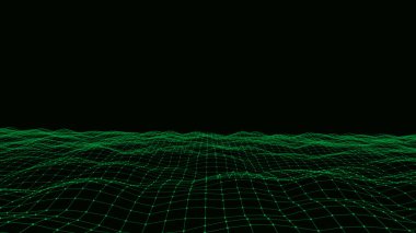 Vektör dijital teknoloji dalgası. Yeşil hareket noktaları ve çizgileri olan karanlık siber uzay. Fütürist dijital arka plan. Büyük veri analizleri.