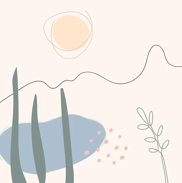 ランドスケープベクトルイラスト。抽象的なミニマルな形。太陽湖の植物の葉の雲シンプルなパステルカラーデザイン — ストックベクタ