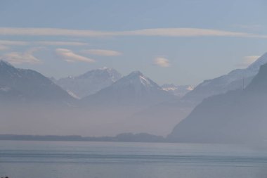 Manzara, dağ, göl, leman, göçükler du midi, gök, mavi, kar, sis
