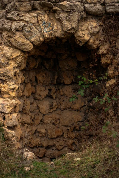 Abandonado Arco Pedra Marrom Coberto Com Vegetação Selvagem Grama Seca — Fotografia de Stock