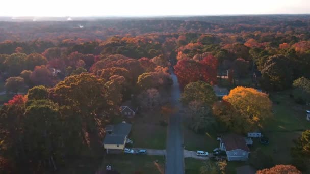 Pretty lotu lotniczego w dół ulicy podmiejskiej z pięknymi kolorami jesieni — Wideo stockowe