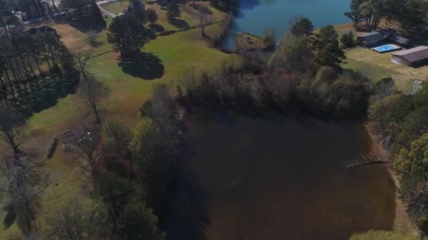 Вид на повітряне коло з коричневого озера, щоб виявити два озера з зеленими деревами — стокове відео