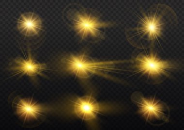 Parıldayan lensler, parlayan ışıklar. Soyut mercek patlaması ateşlemesi. Yanıp sönen ışıklar. Parlayan altın parıltılar. Parlak sarı güneş ışınları, parlak altın güneş ışığı. Bokeh etkisi. Vektör illüstrasyonu
