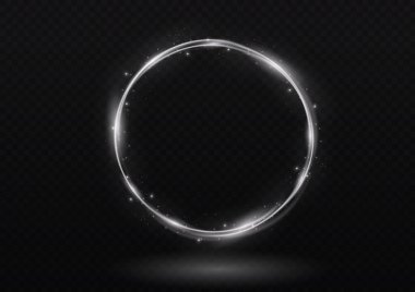 Beyaz alevlerden oluşan halka, alev alev yanan, gümüş çerçeveli, parlak neon kıvrımlı. Parlak halka afişi. Yuvarlak parlak çerçeve, ışık patlamaları ve parlak parıltılarla. Reklam için lüks ışıklar elementi. Vektör