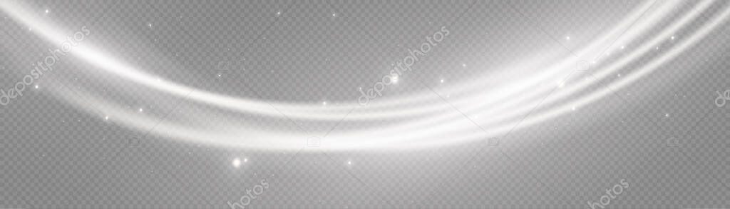 Magic stardust white wave. Beautiful sparkle light blur trail. Swirl trail effect. Smooth wave. Glowing wavy line of light on transparent background. Luminous white lines of speed. Vector illustration